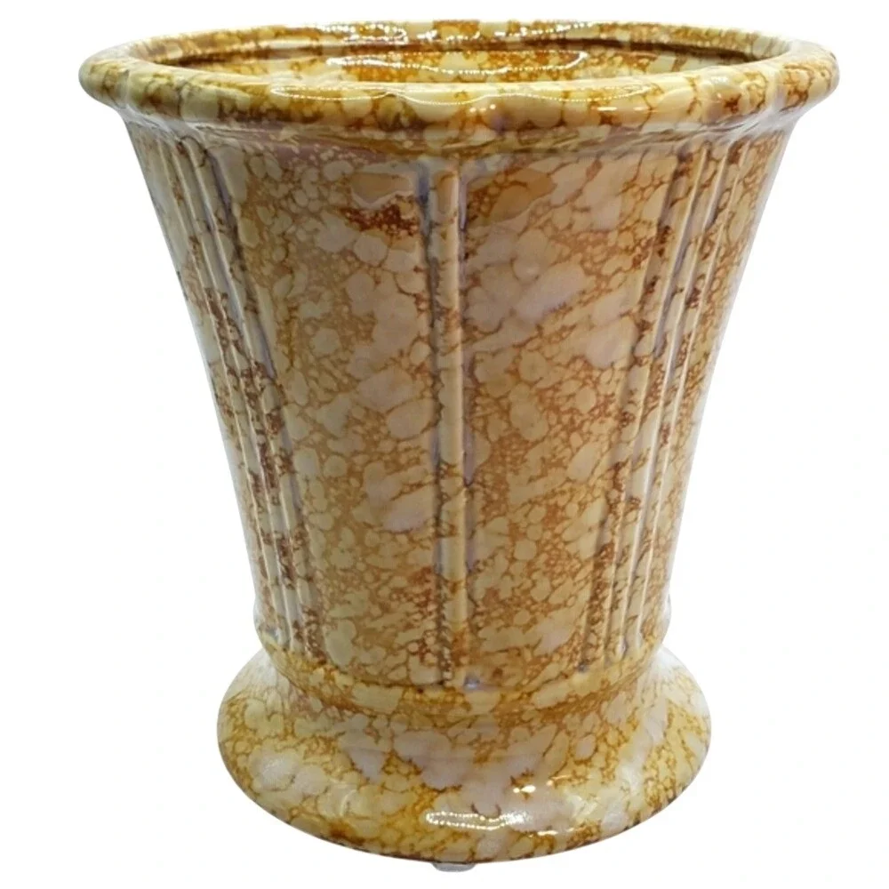 Vintage Mottled Glaze Ceramic Vase Planter Ribbed Fluted Base
